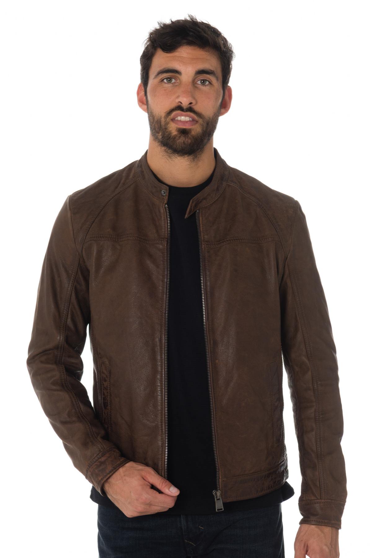 Men's aged brown buffalo leather jacket - Image n°1