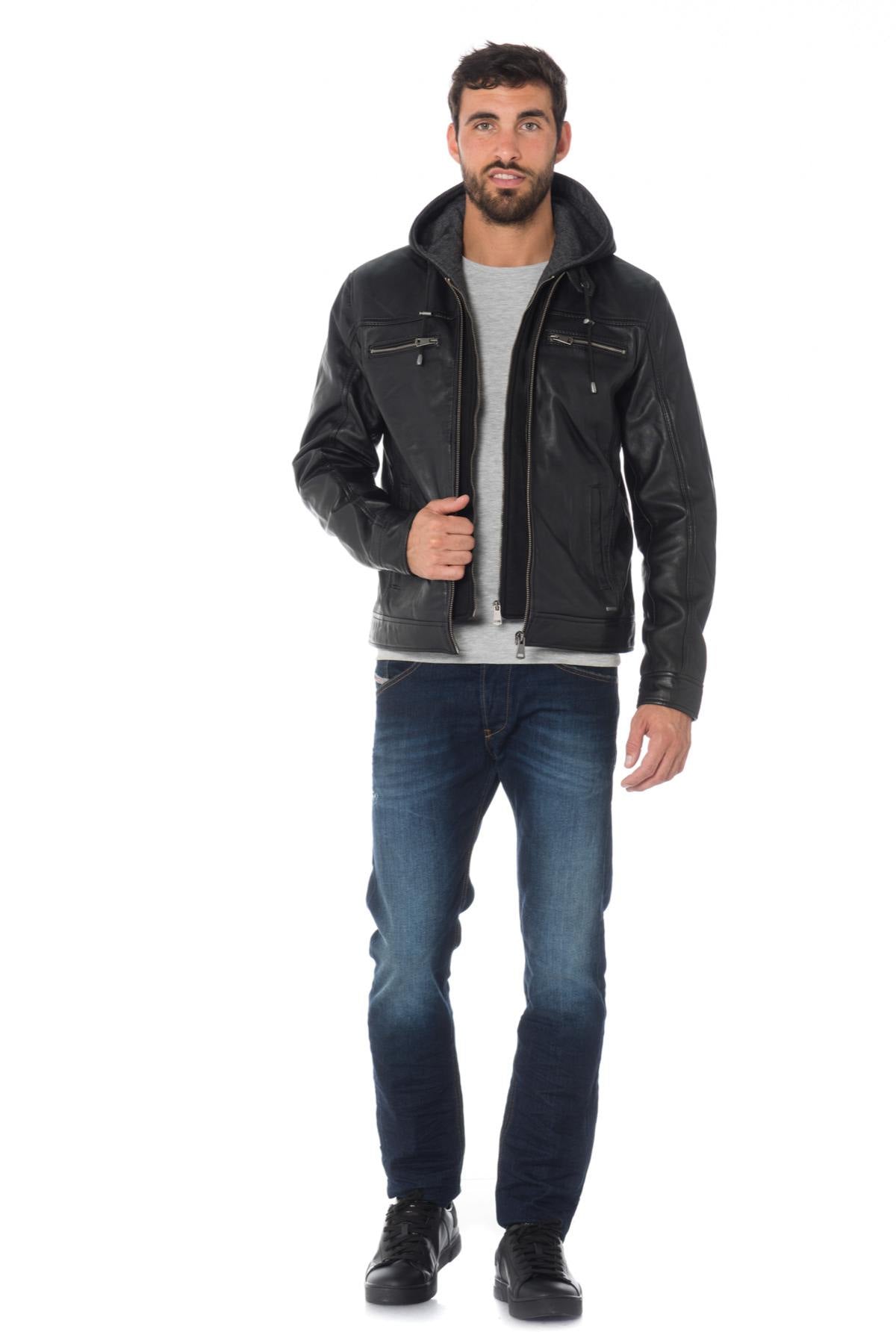 Men's hooded jacket in black sheepskin leather - Image n°2