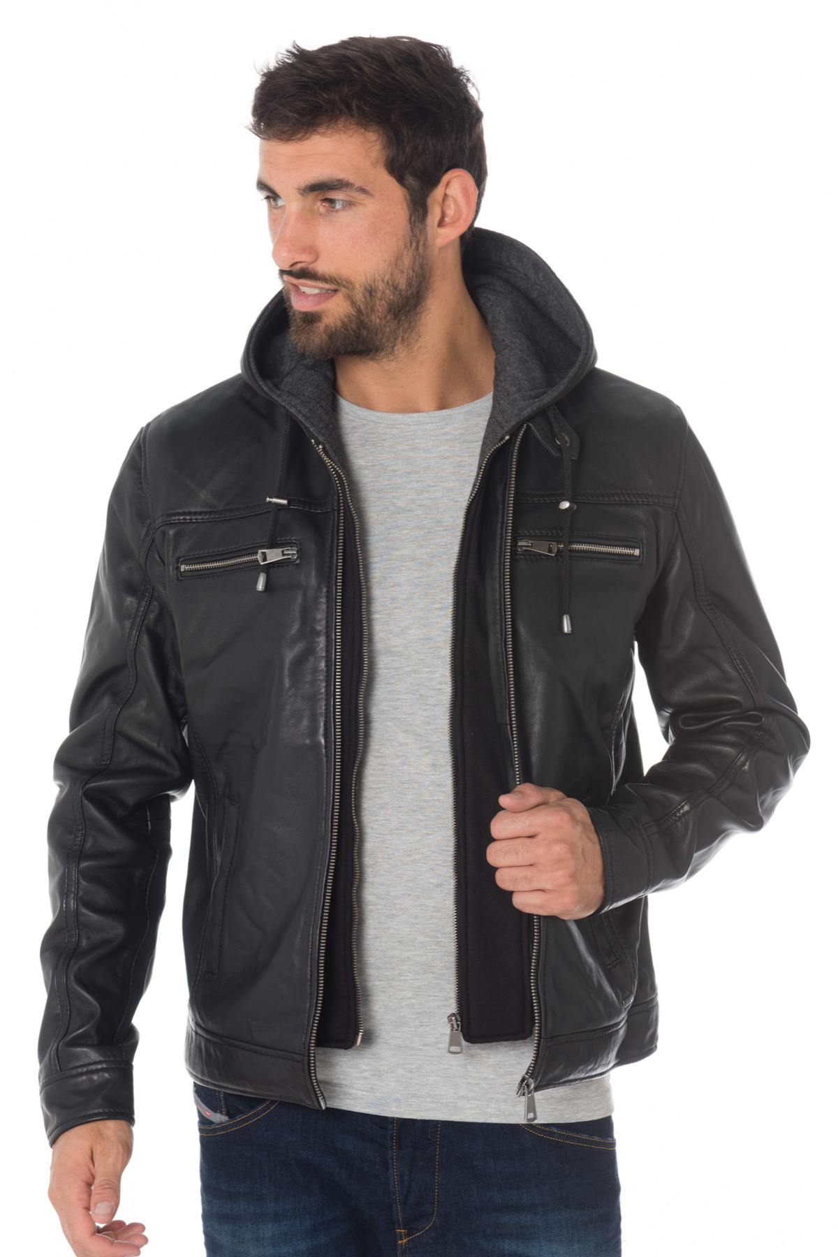 Men's hooded jacket in black sheepskin leather - Image n°3