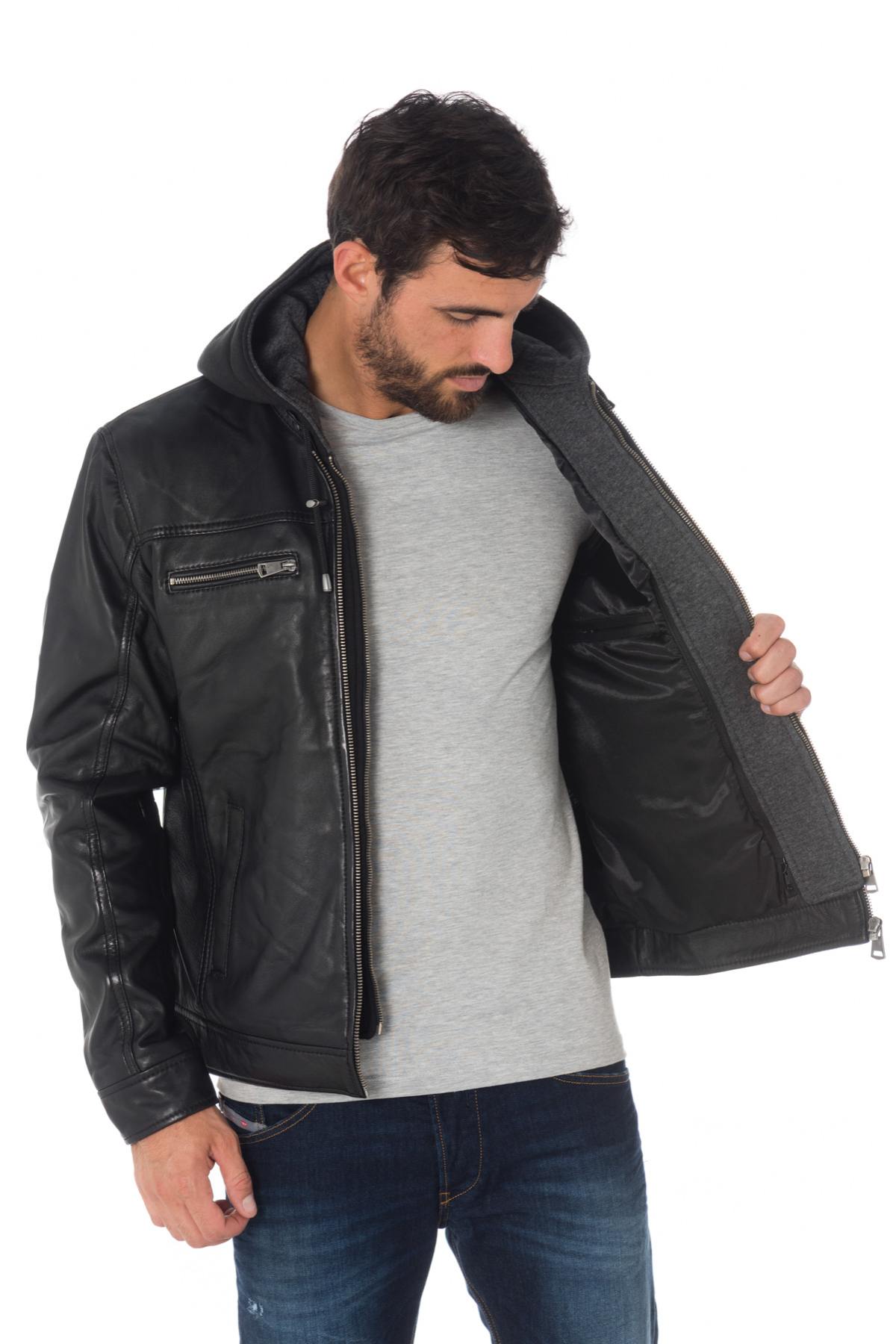 Men's hooded jacket in black sheepskin leather - Image n°4