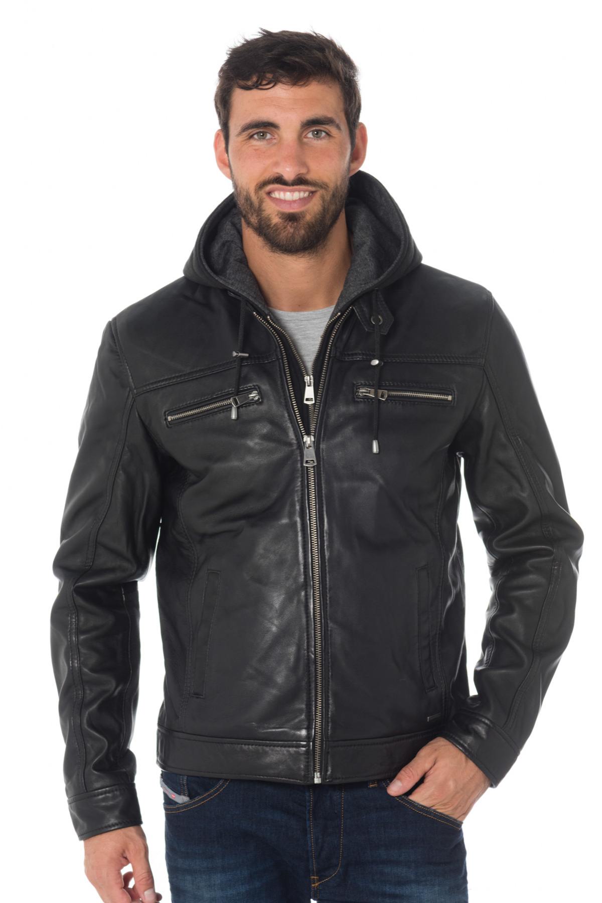 Men's hooded jacket in black sheepskin leather - Image n°1