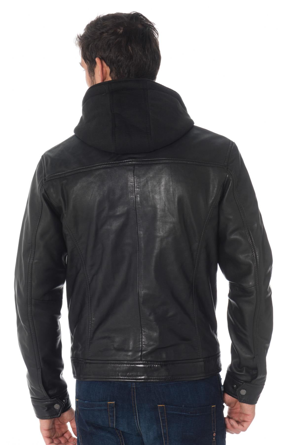 Men's hooded jacket in black sheepskin leather - Image n°5