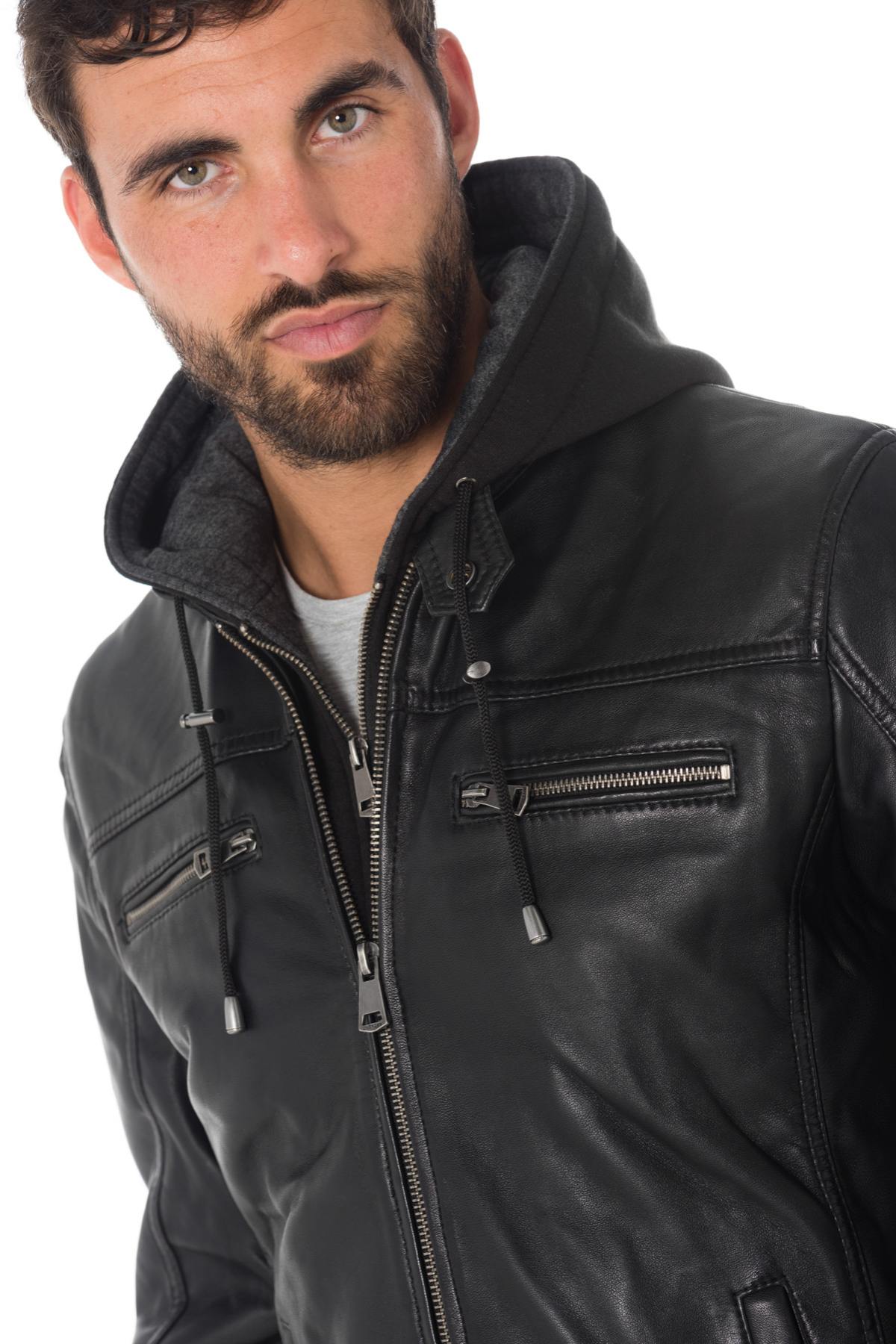 Men's hooded jacket in black sheepskin leather - Image n°6