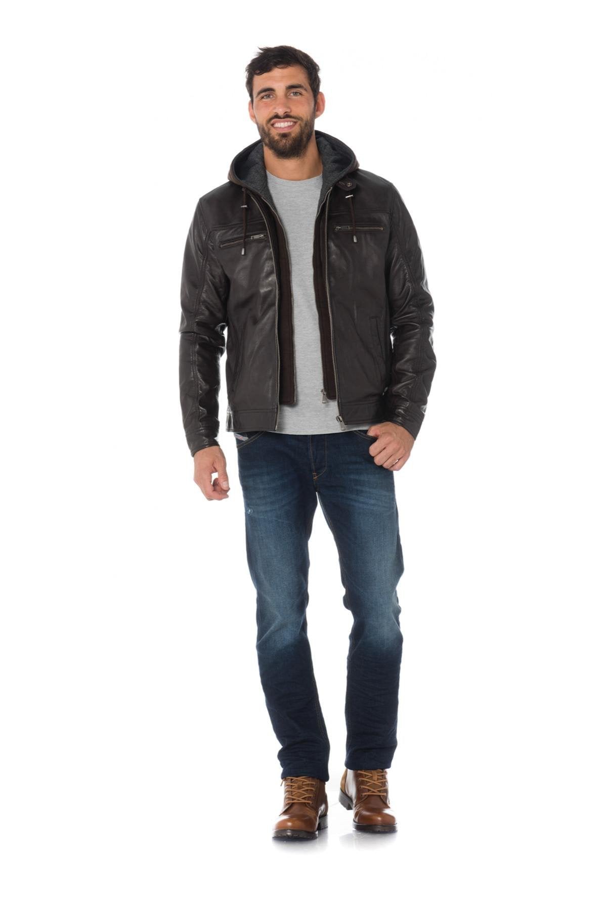 Brown sheepskin leather hooded jacket - Image n°2