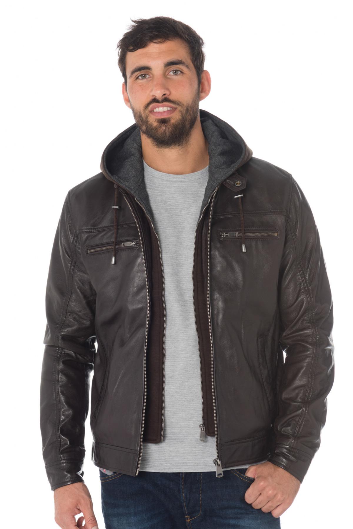 Brown sheepskin leather hooded jacket - Image n°3