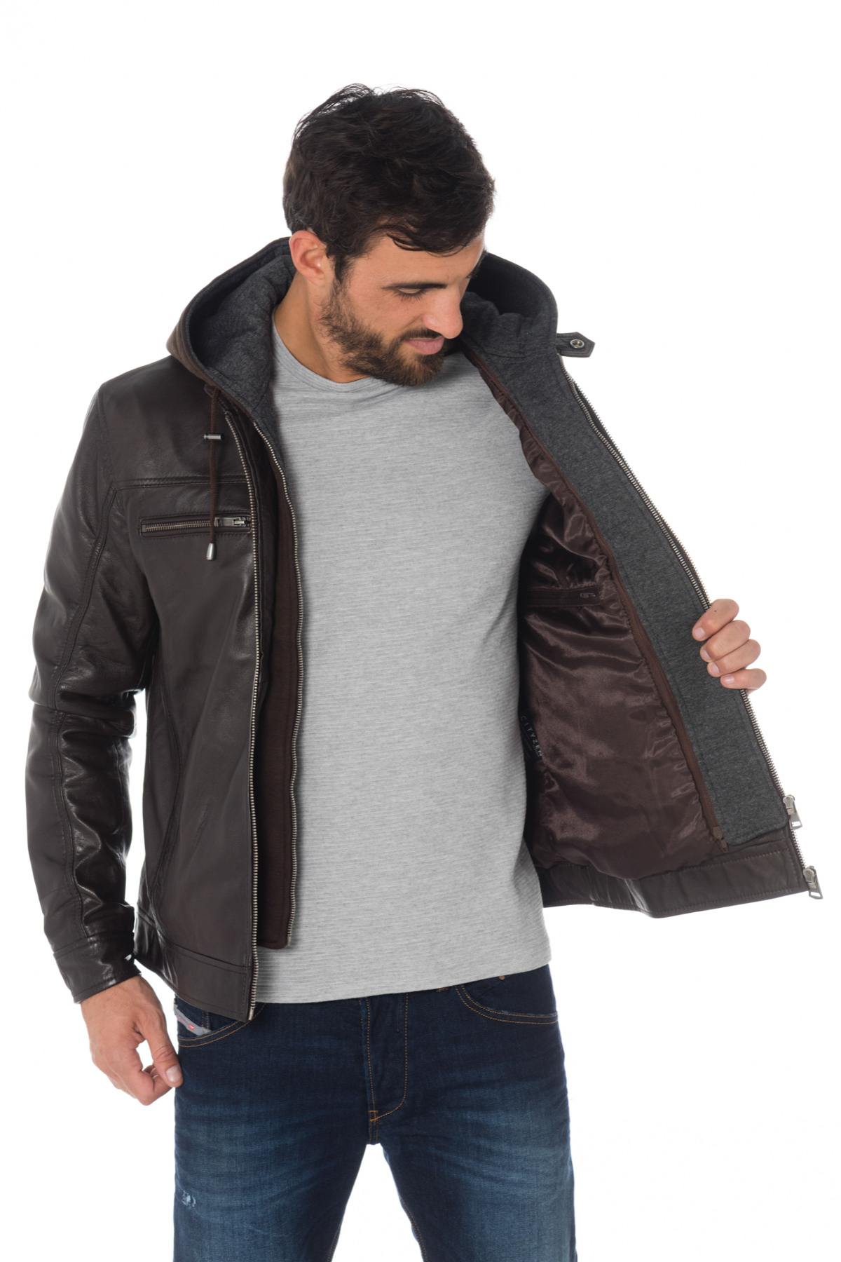 Brown sheepskin leather hooded jacket - Image n°4