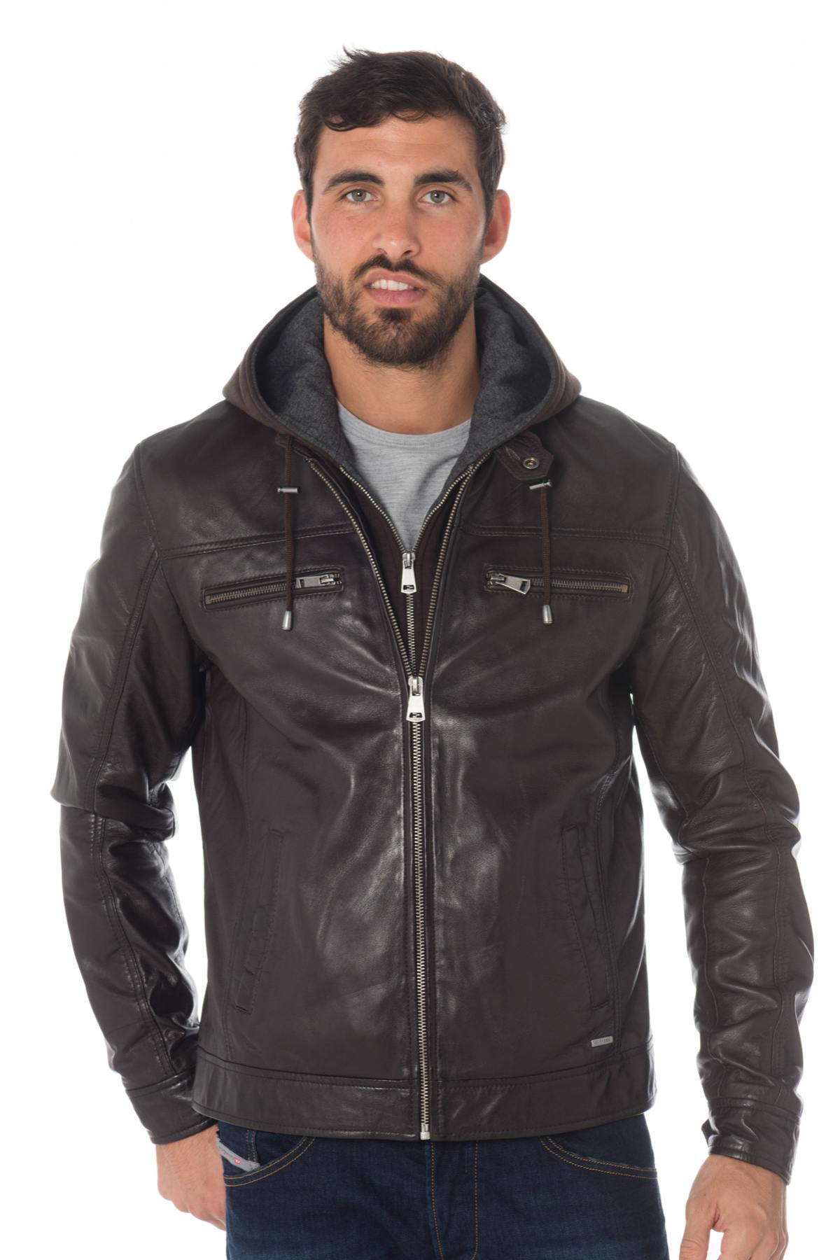 Brown sheepskin leather hooded jacket - Image n°1