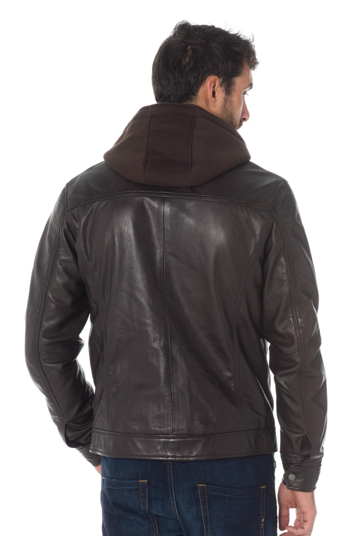 Brown sheepskin leather hooded jacket - Image n°5