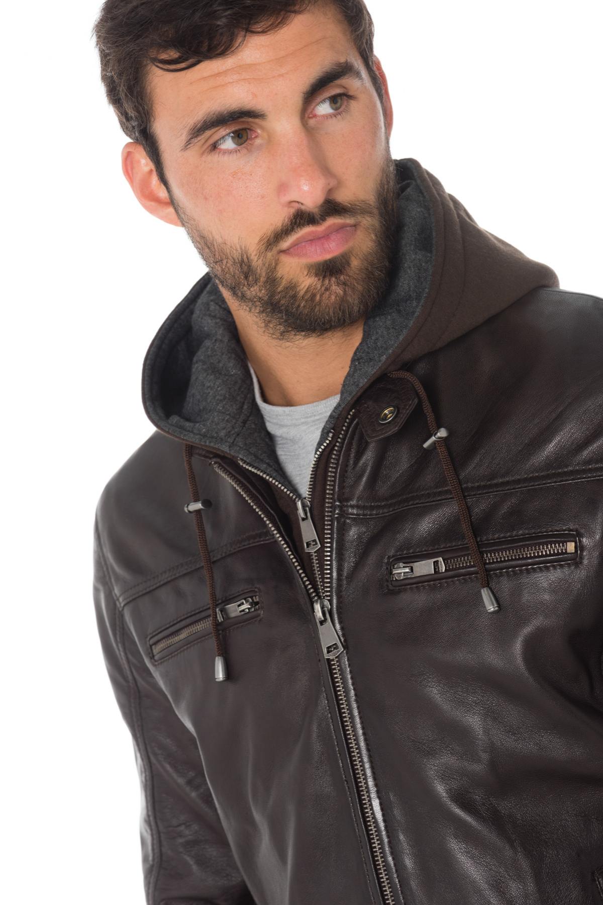 Brown sheepskin leather hooded jacket - Image n°6