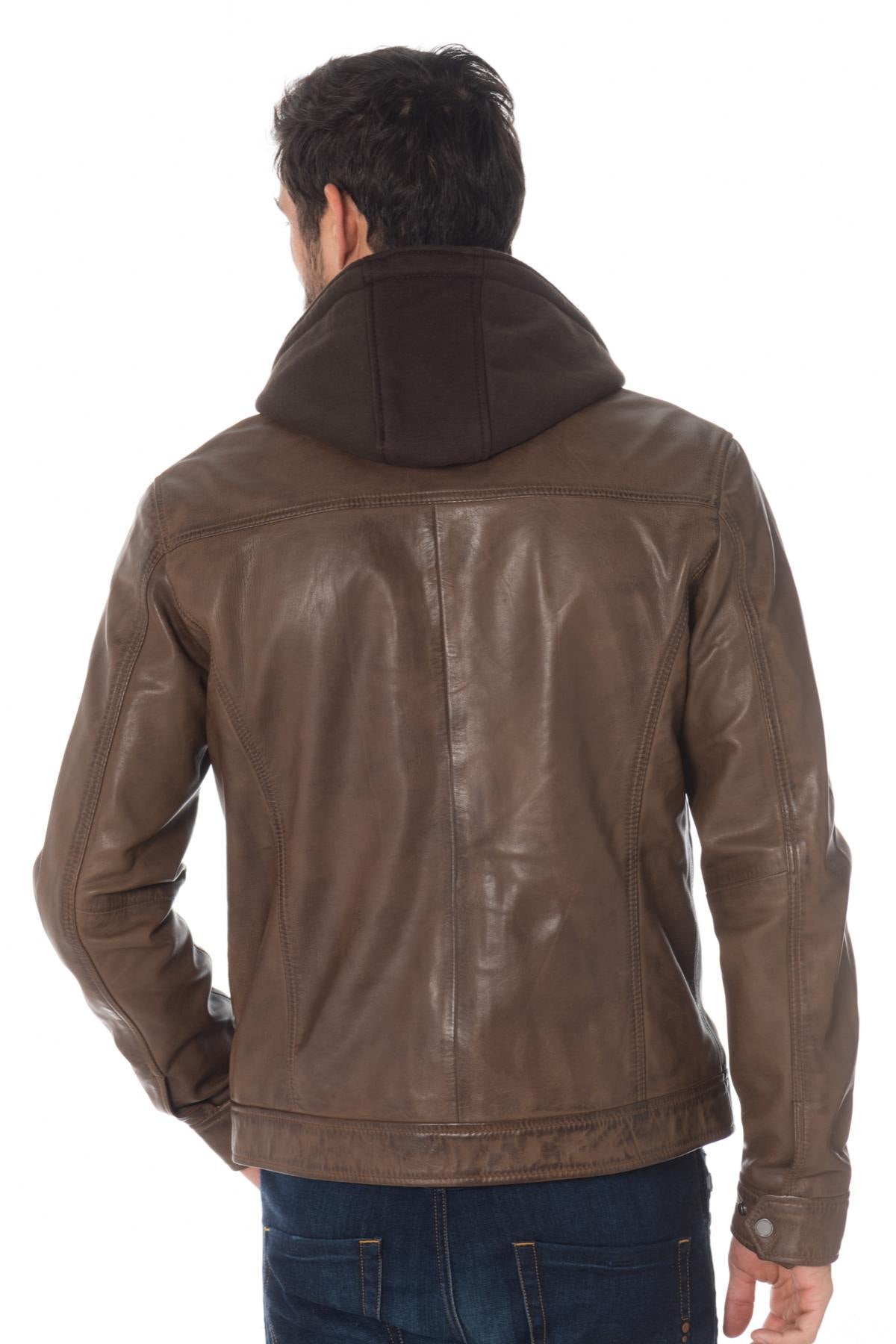 Cognac sheepskin leather jacket with hood - Image n°4