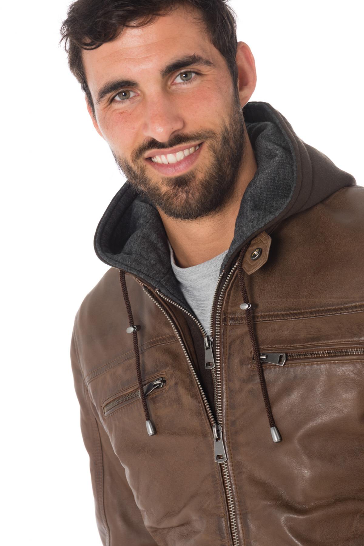 Cognac sheepskin leather jacket with hood - Image n°5