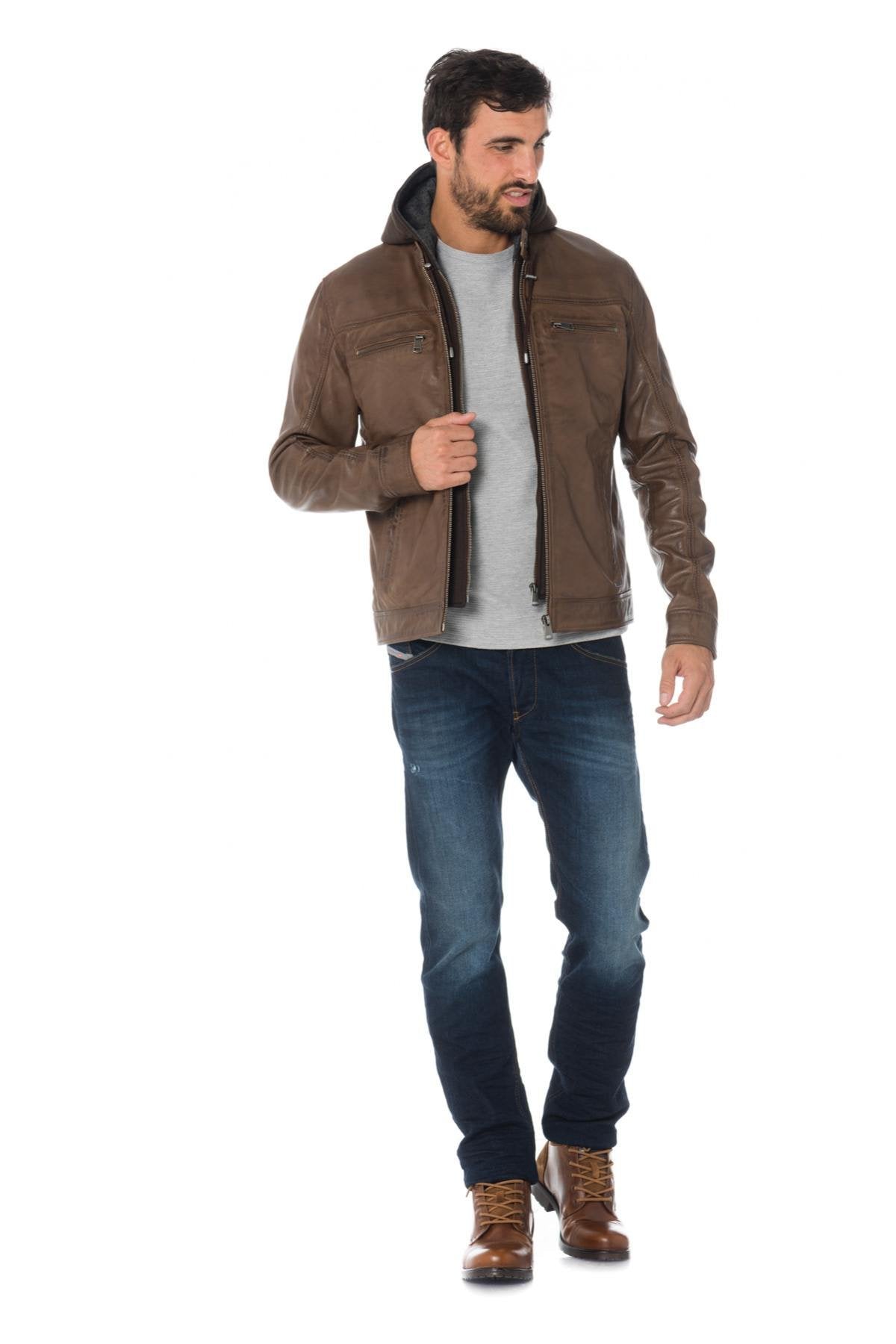 Cognac sheepskin leather jacket with hood - Image n°2