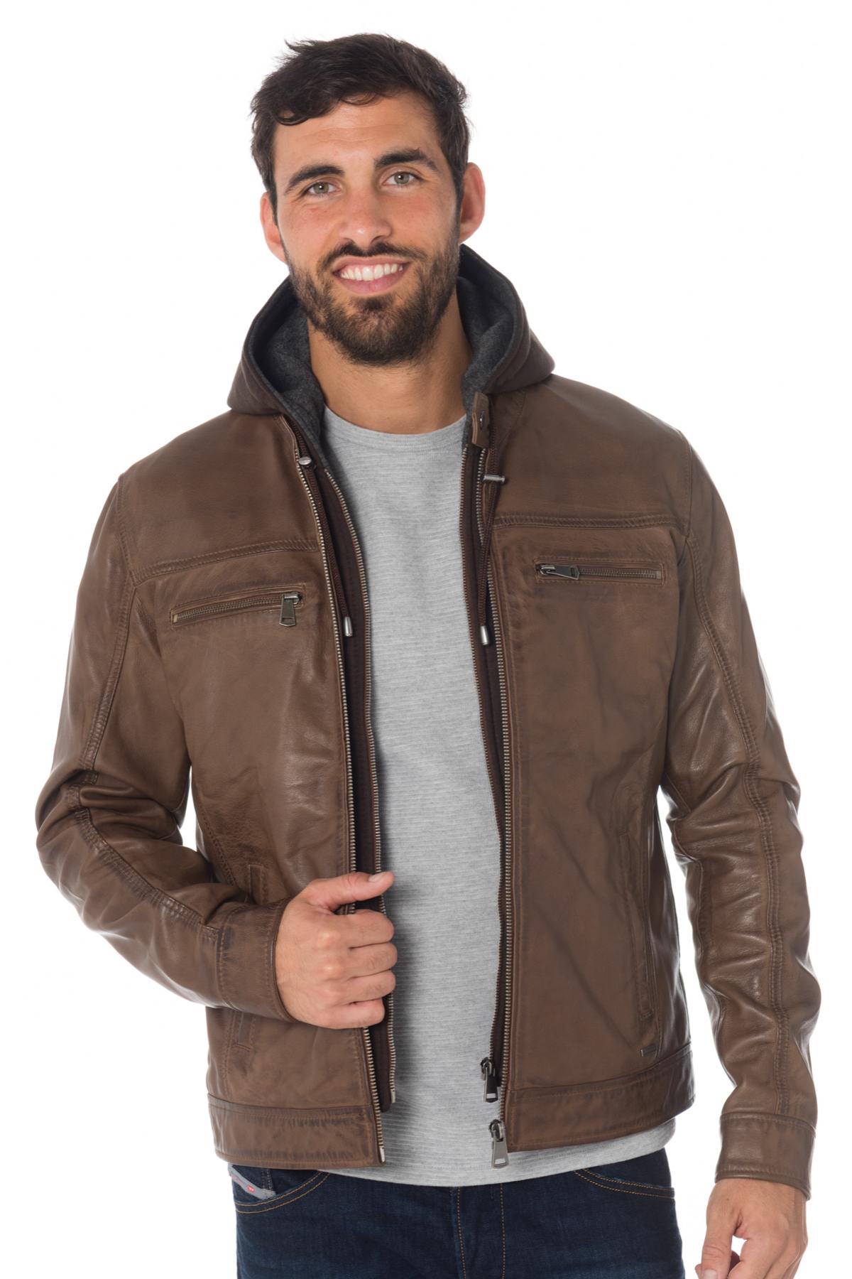 Cognac sheepskin leather jacket with hood - Image n°1