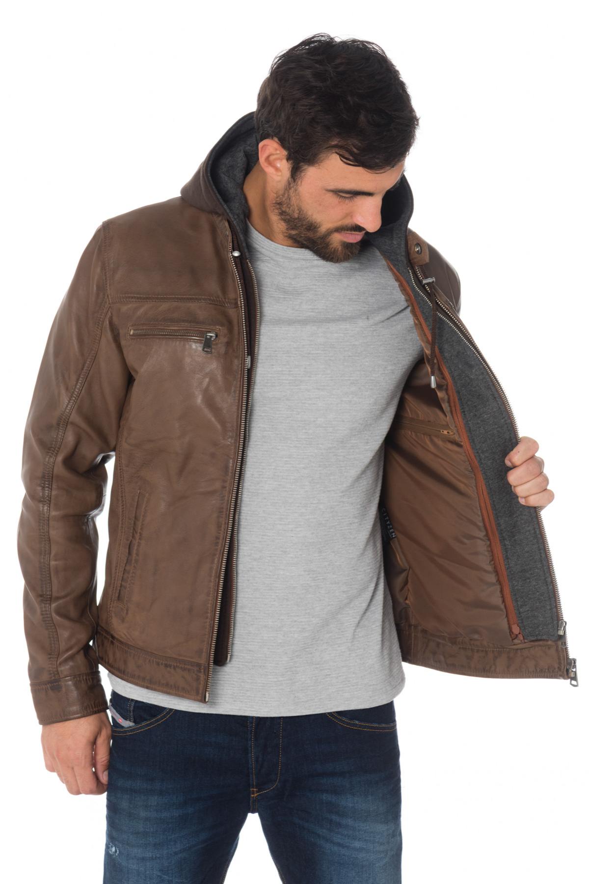 Cognac sheepskin leather jacket with hood - Image n°6