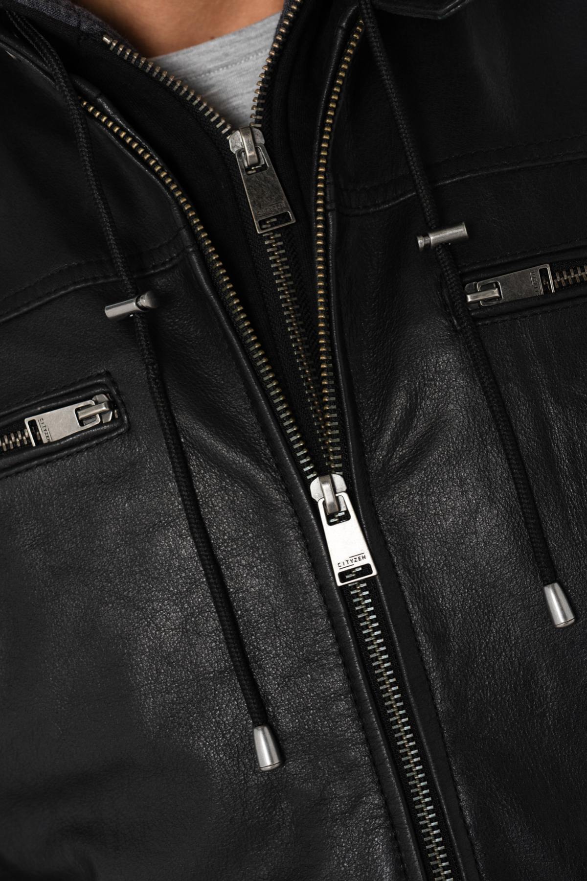 Black buffalo leather jacket with hood - Image n°5