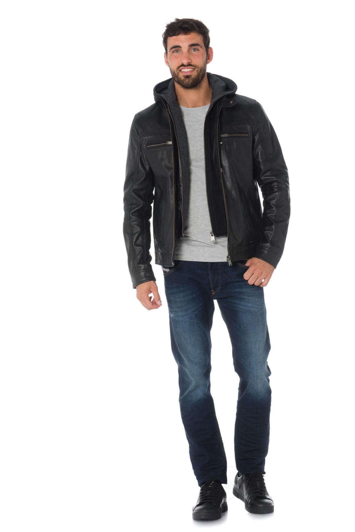 Black buffalo leather jacket with hood - Image n°2