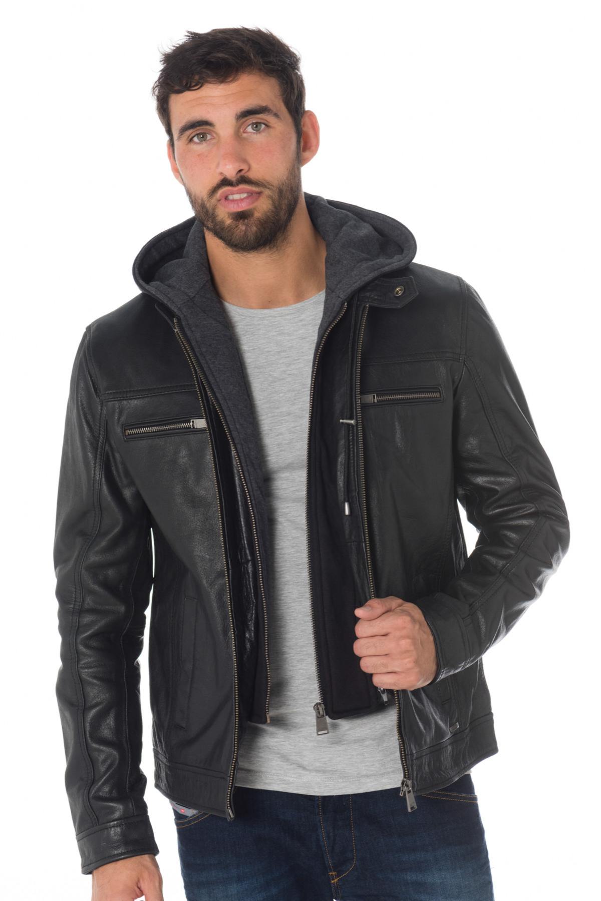 Black buffalo leather jacket with hood - Image n°3