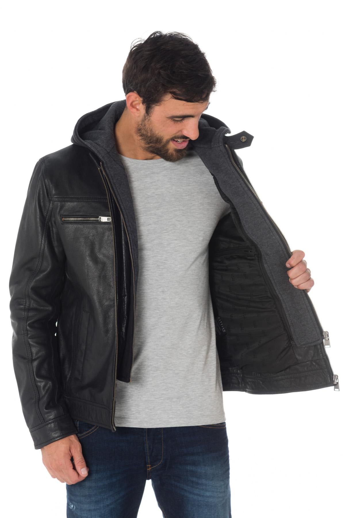 Black buffalo leather jacket with hood - Image n°8