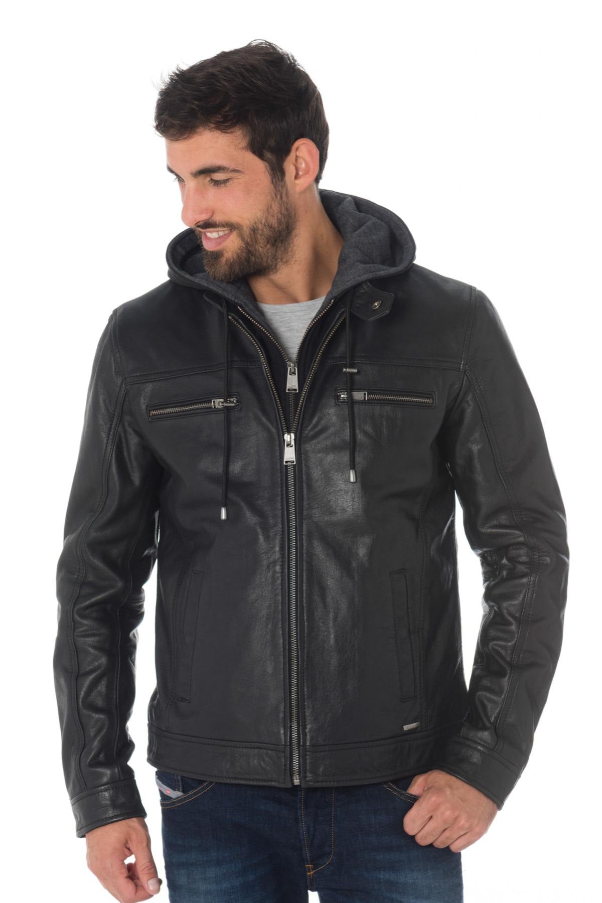 Black buffalo leather jacket with hood - Image n°1