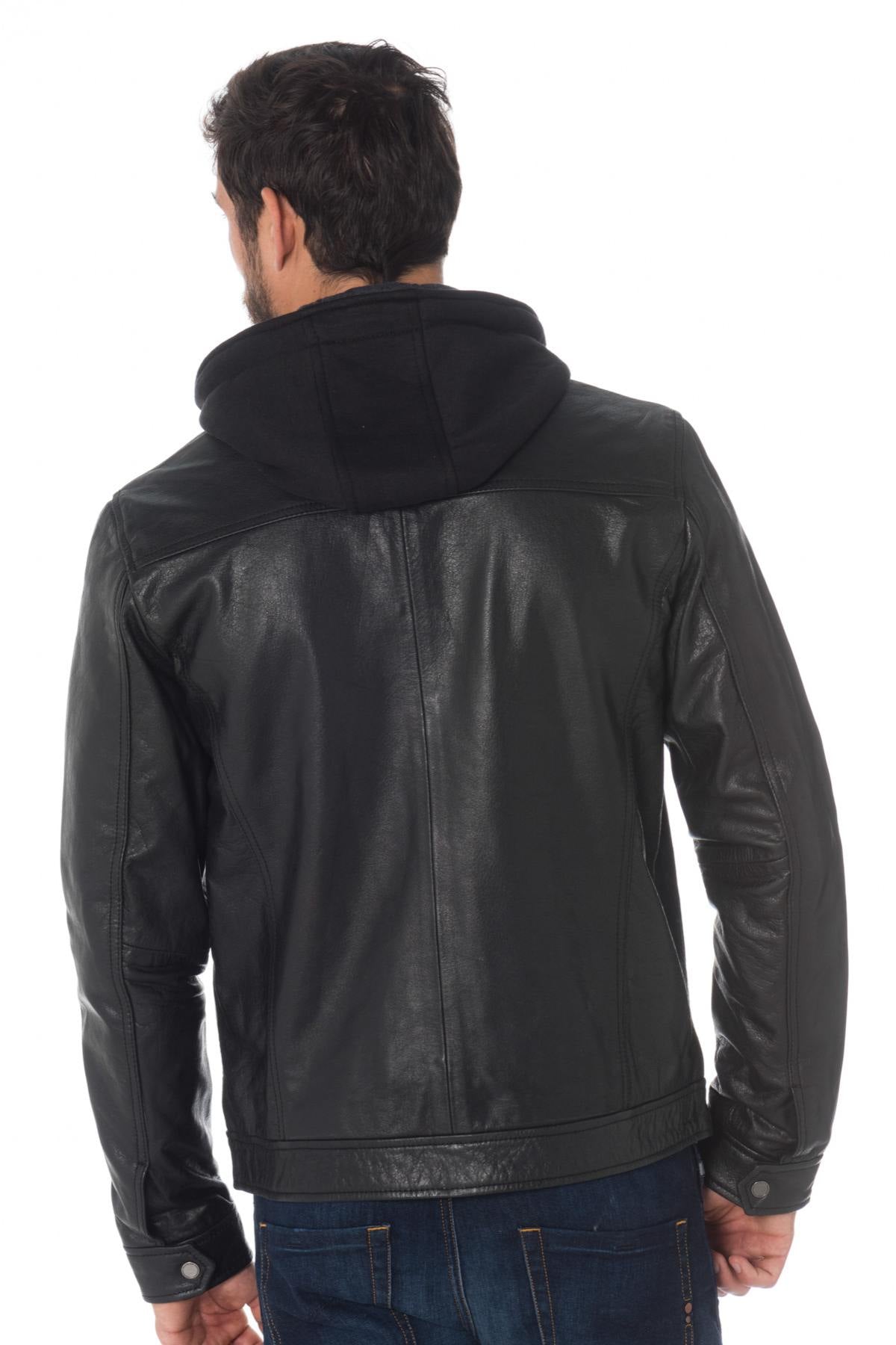 Black buffalo leather jacket with hood - Image n°4