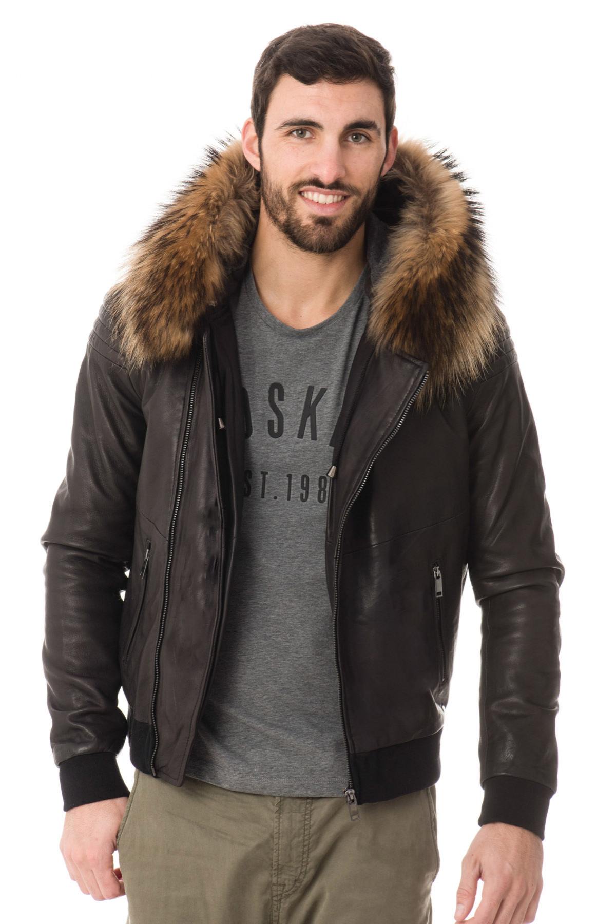 Jacket with hood decorated with raccoon fur - Image n°1