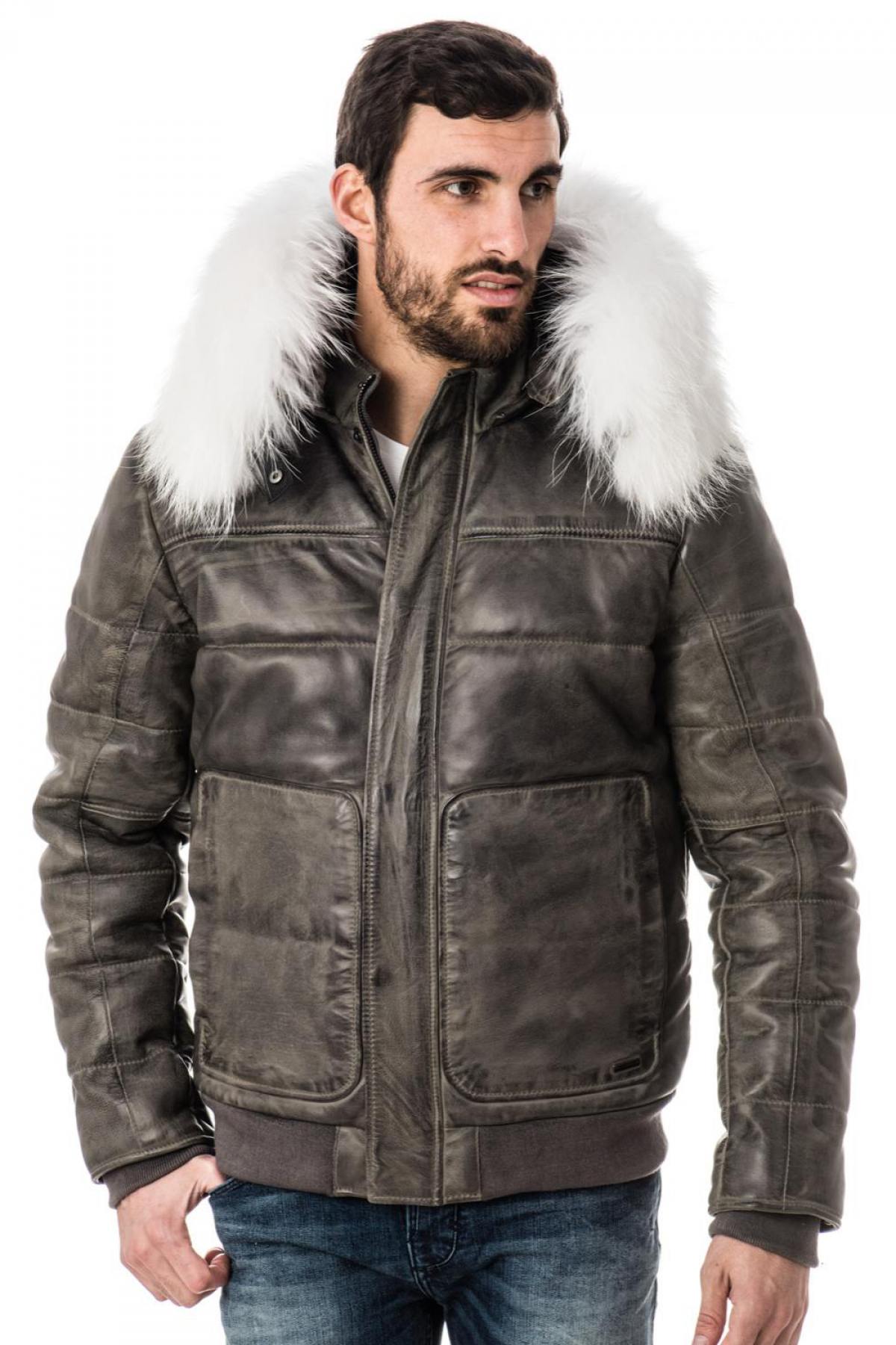 Cityzen aged gray leather down jacket for men - Image n°8