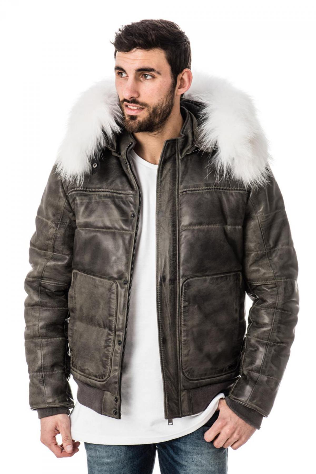 Cityzen aged gray leather down jacket for men - Image n°2