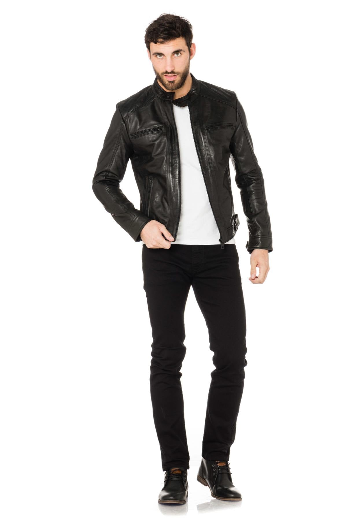 Black cowhide leather biker jacket - Image n°2