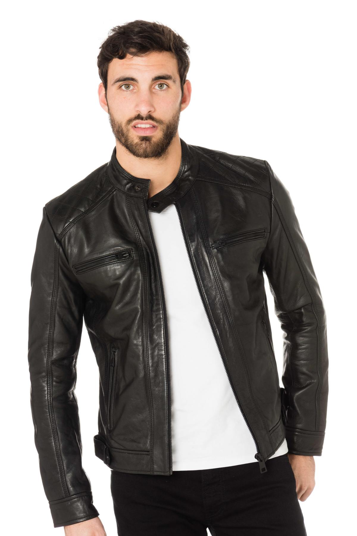 Black cowhide leather biker jacket - Image n°1