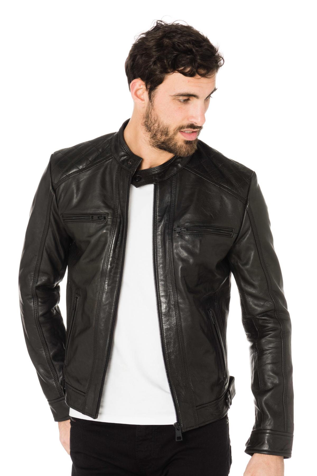 Black cowhide leather biker jacket - Image n°4