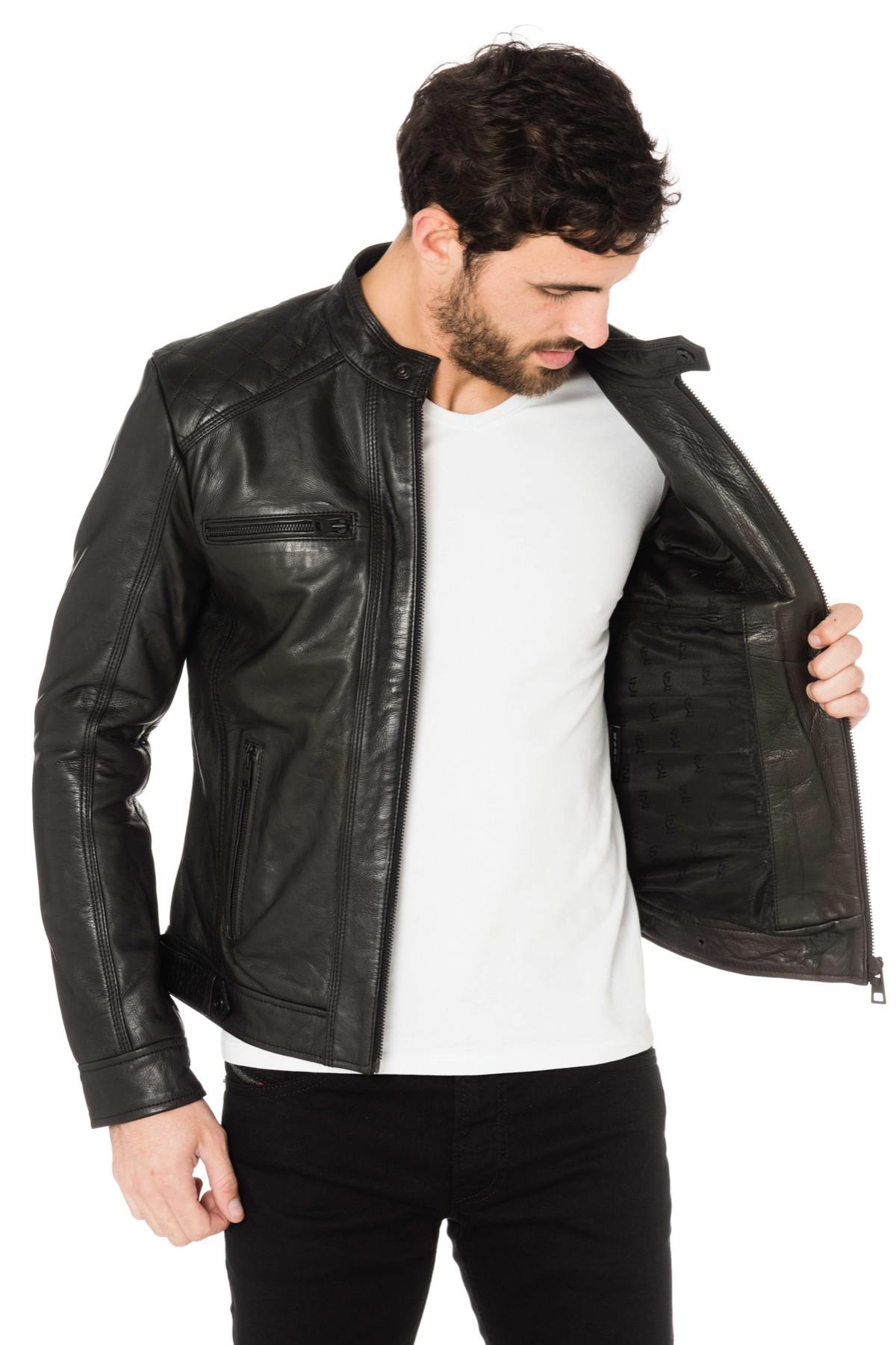 Black cowhide leather biker jacket - Image n°5