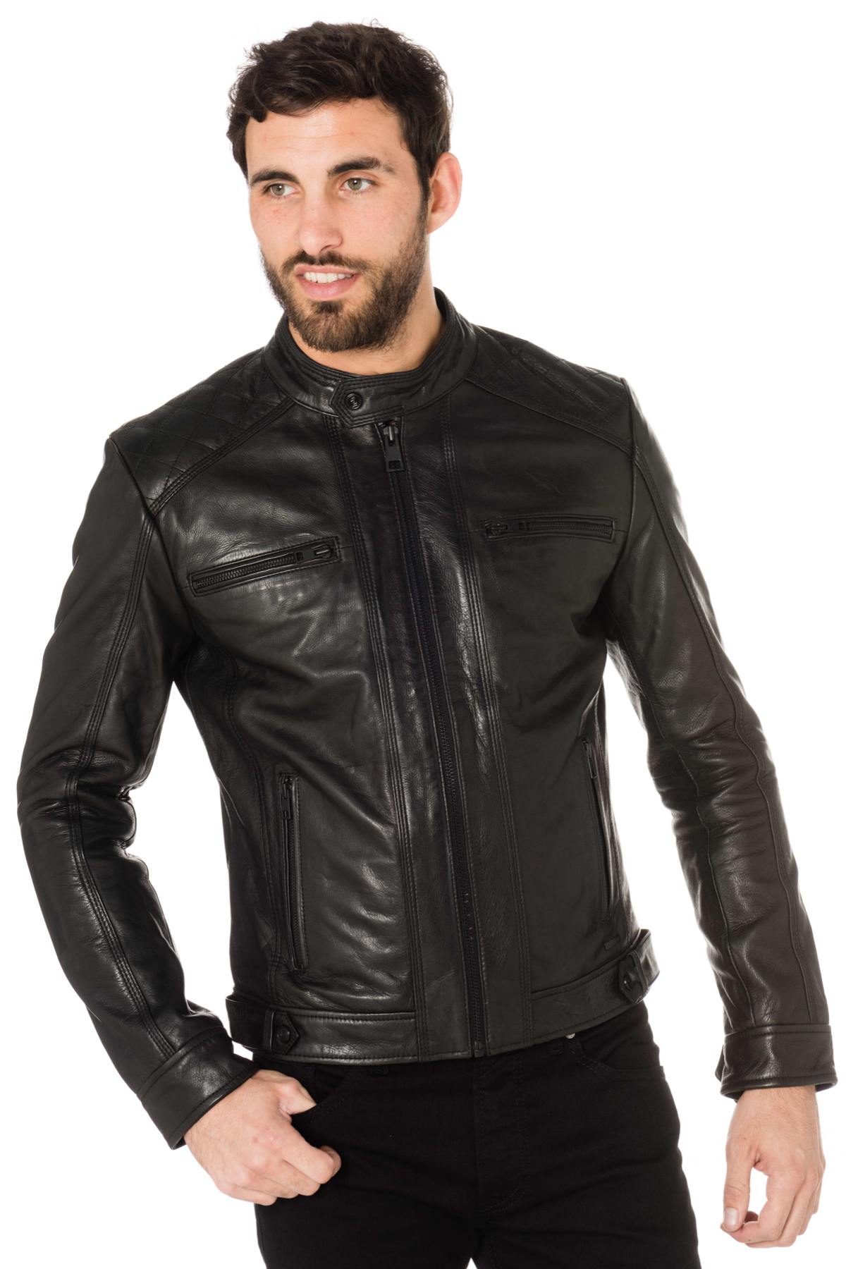 Black cowhide leather biker jacket - Image n°3