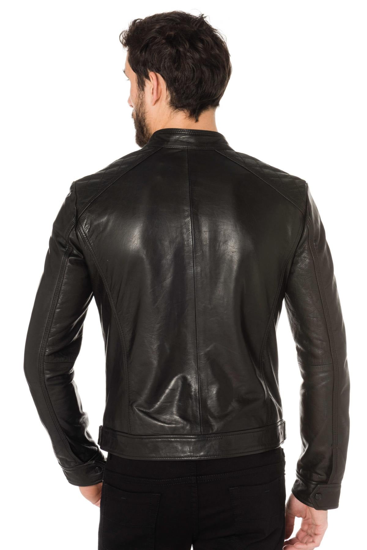 Black cowhide leather biker jacket - Image n°6