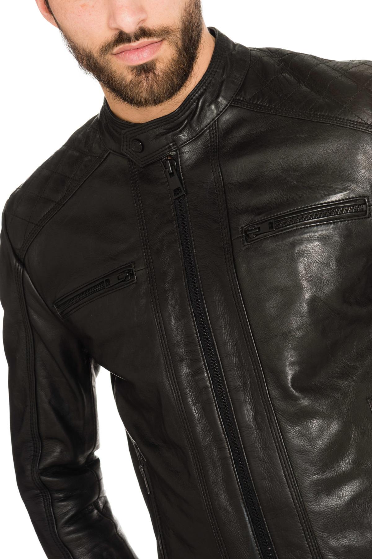 Black cowhide leather biker jacket - Image n°8