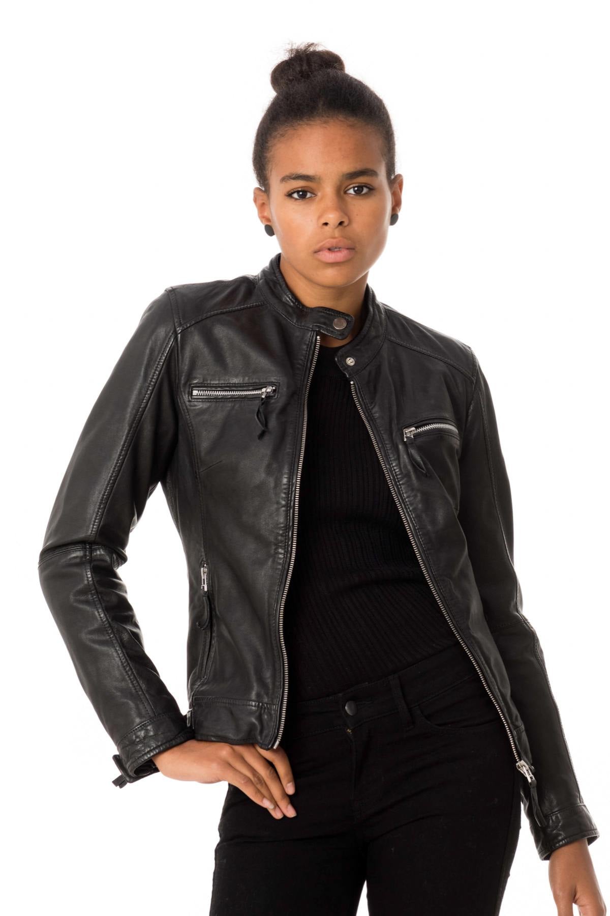 Women's black leather jacket - Image n°3