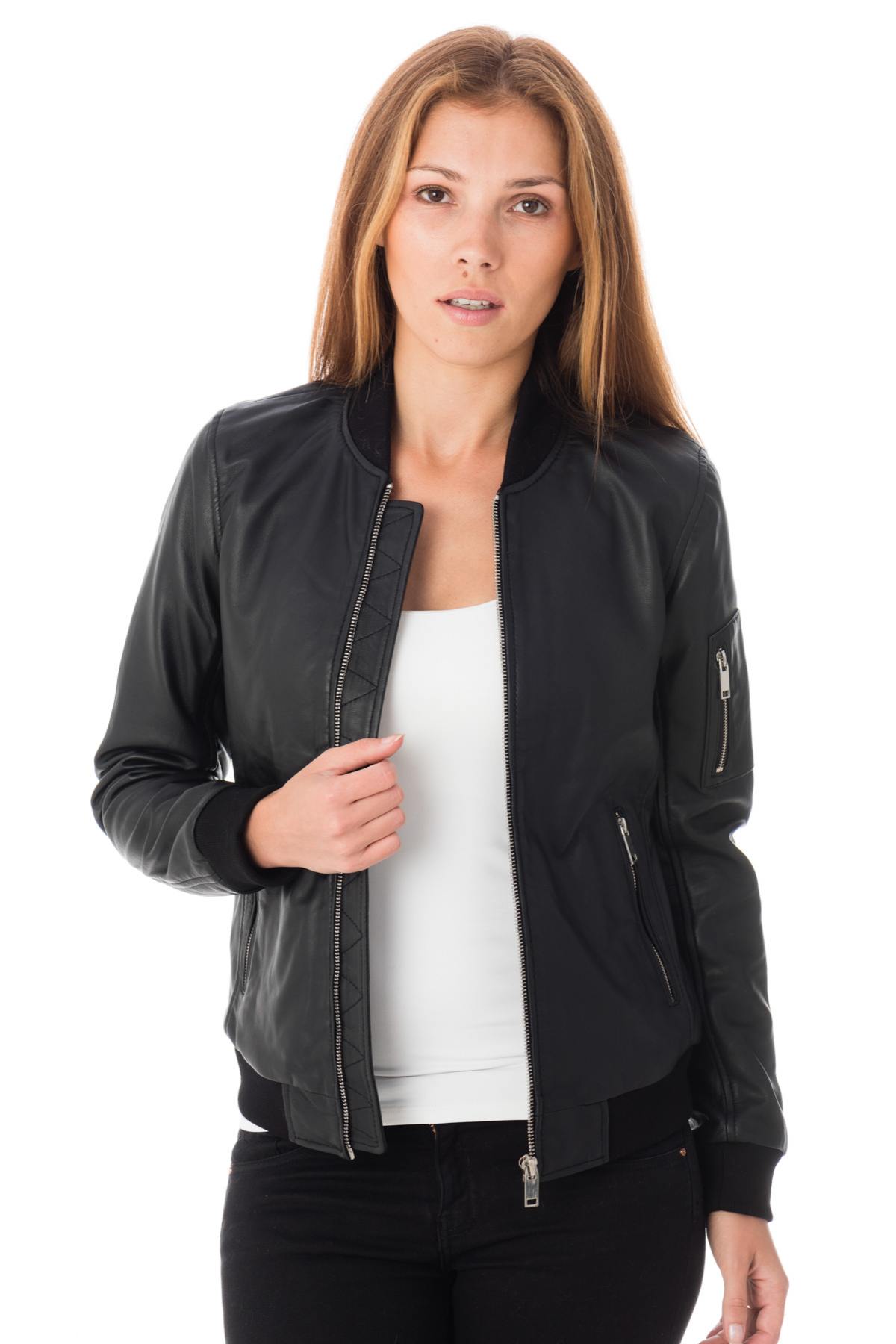 Women's black sheepskin leather bomber jacket - Image n°1