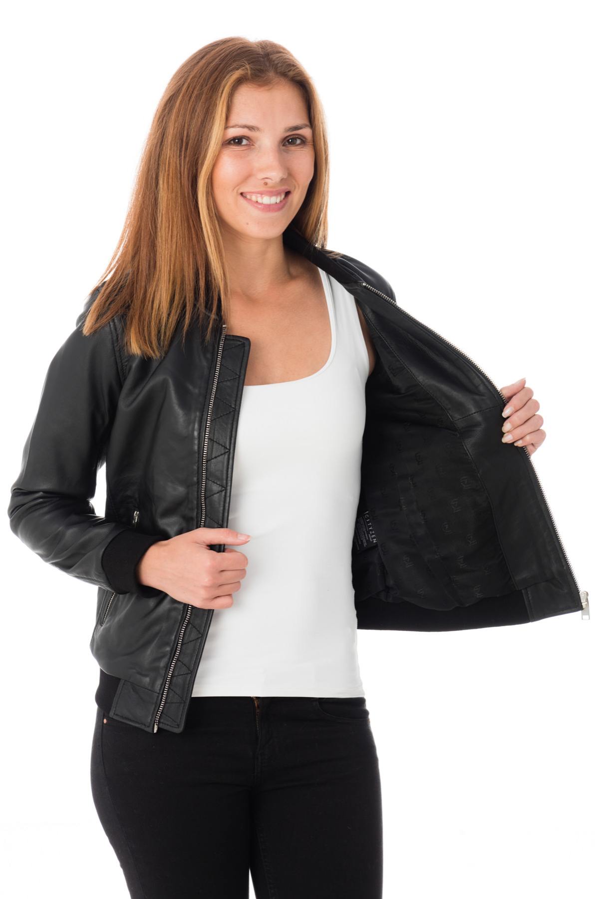 Women's black sheepskin leather bomber jacket - Image n°4