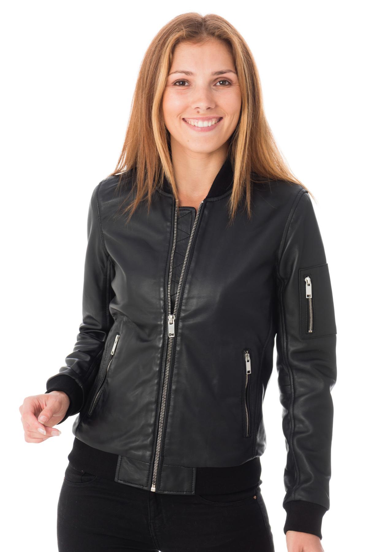 Women's black sheepskin leather bomber jacket - Image n°3