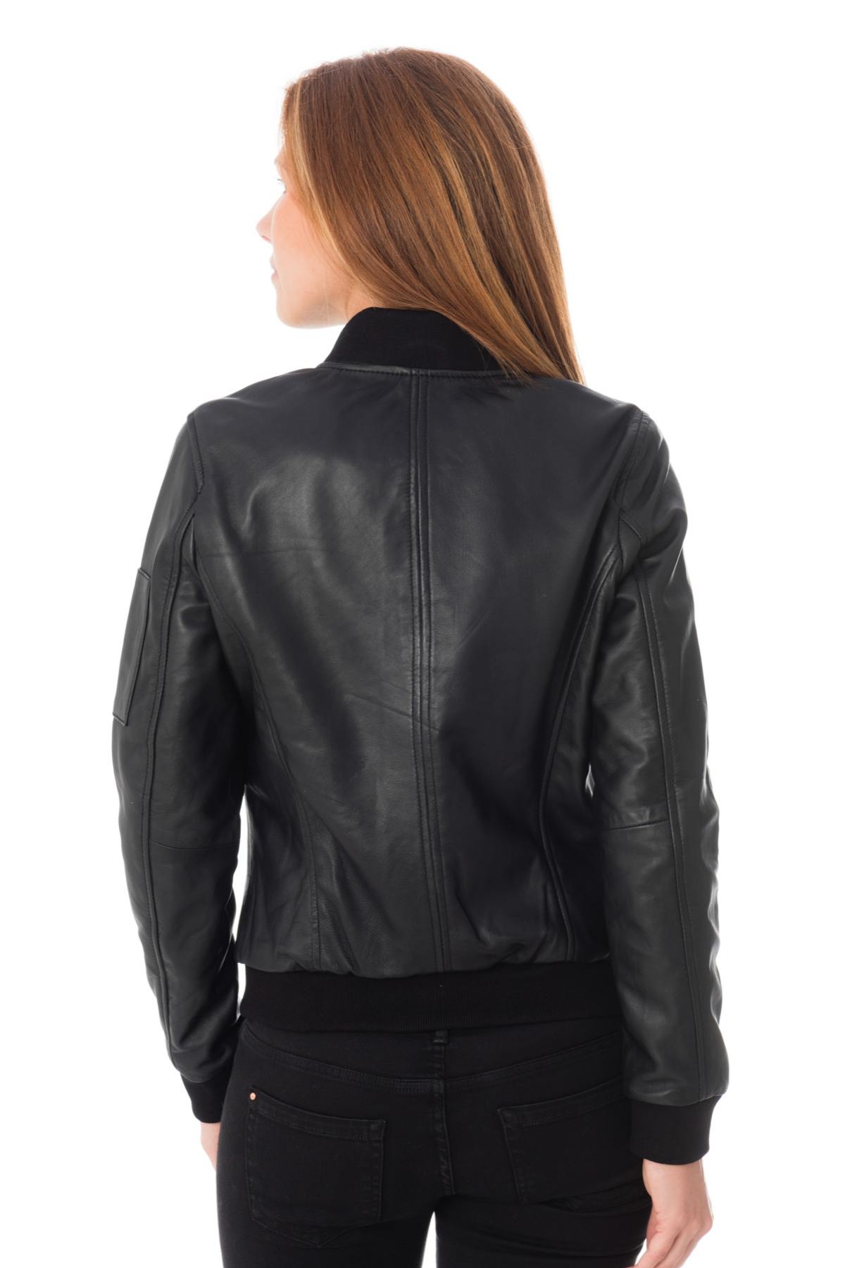 Women's black sheepskin leather bomber jacket - Image n°5