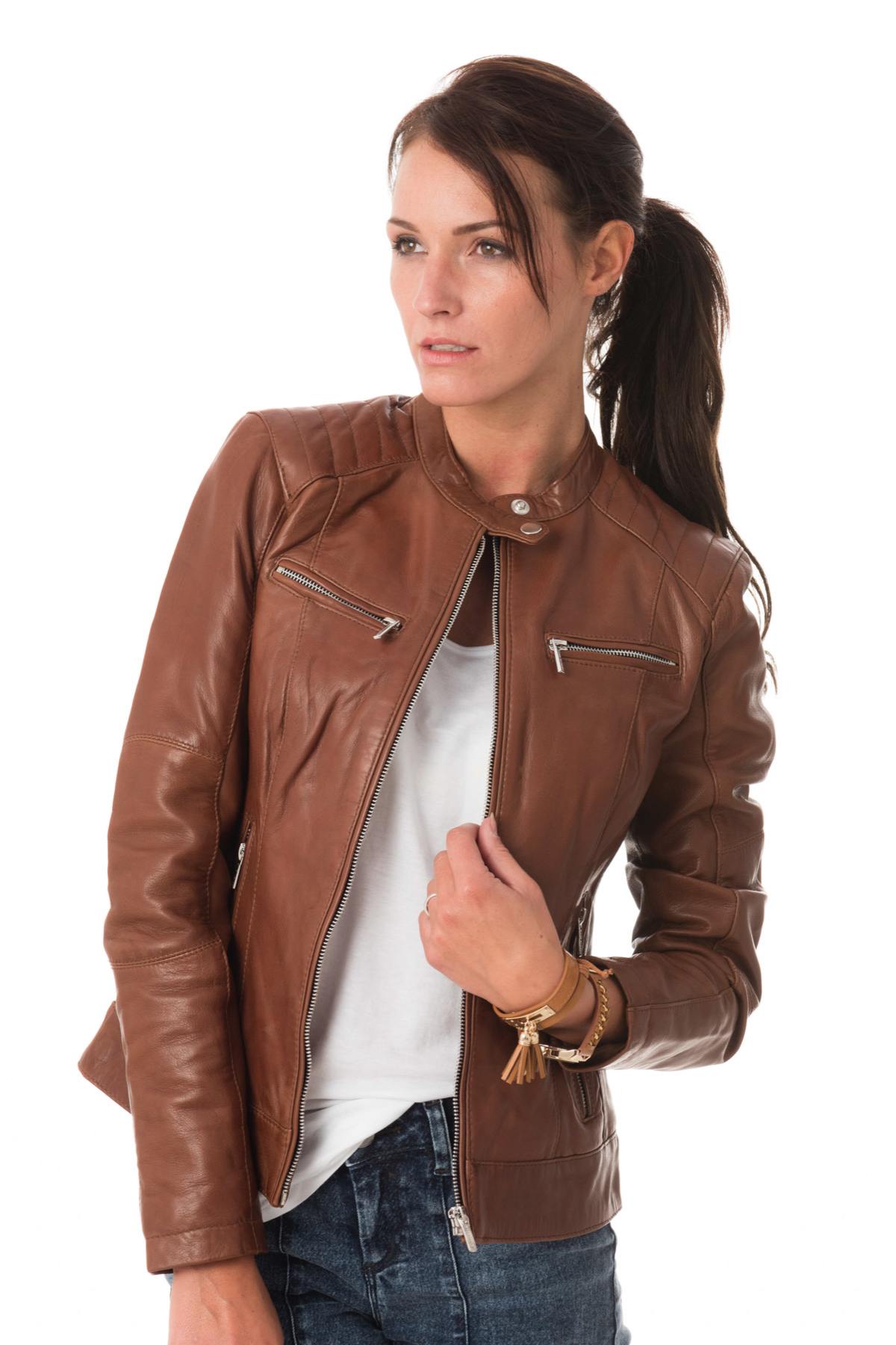 Women's lambskin biker collar jacket - Image n°1