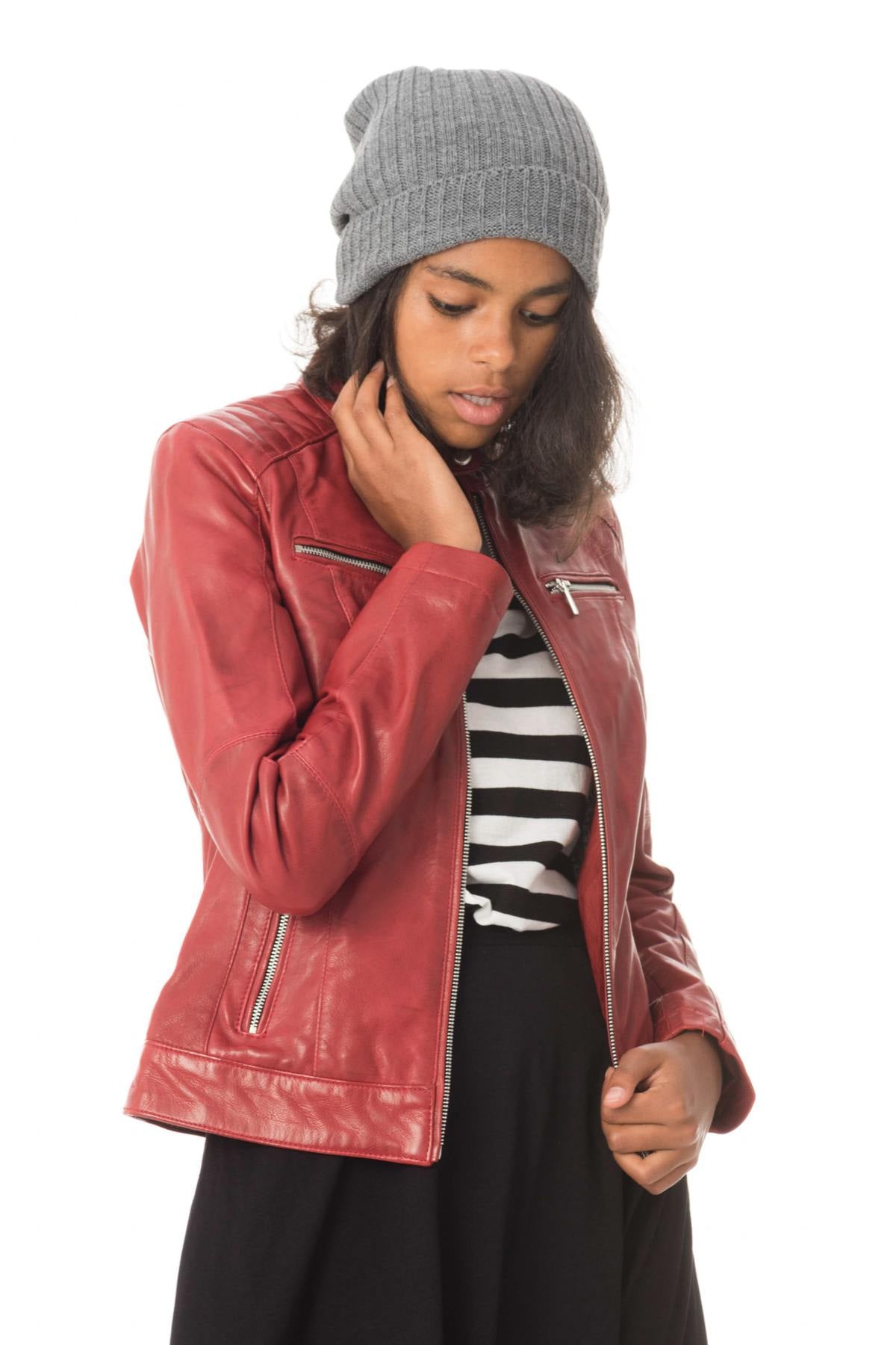 Women's red leather biker collar jacket - Image n°5