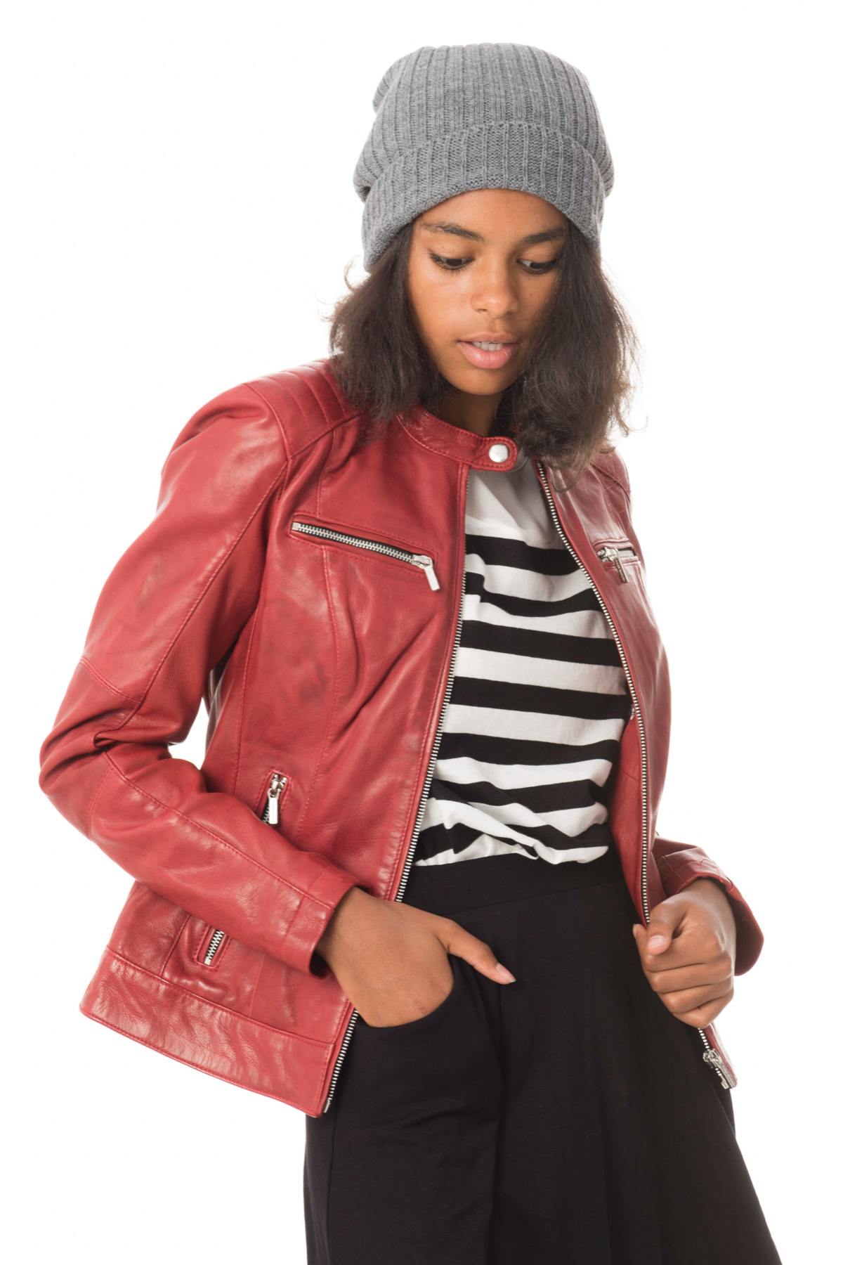 Women's red leather biker collar jacket - Image n°1