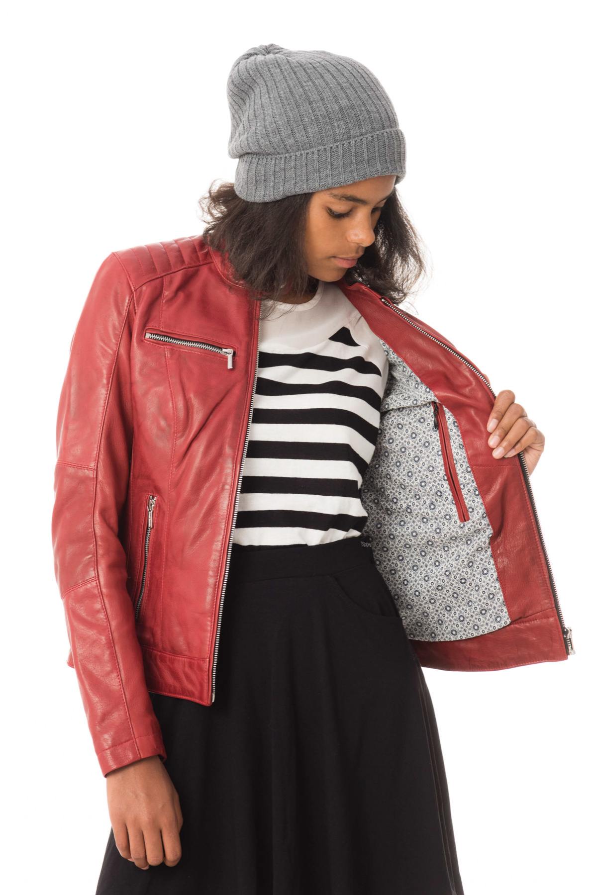 Women's red leather biker collar jacket - Image n°6