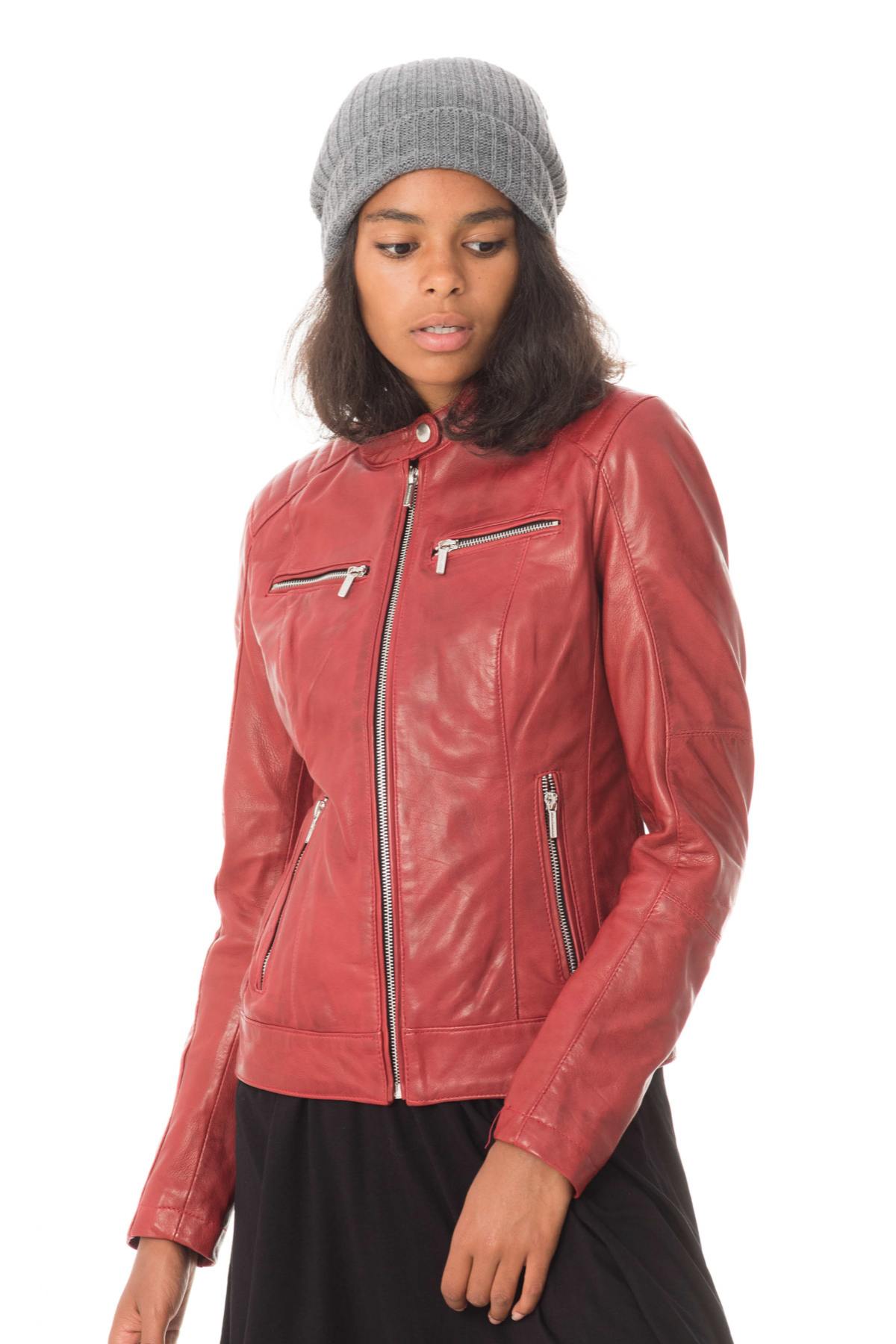 Women's red leather biker collar jacket - Image n°3