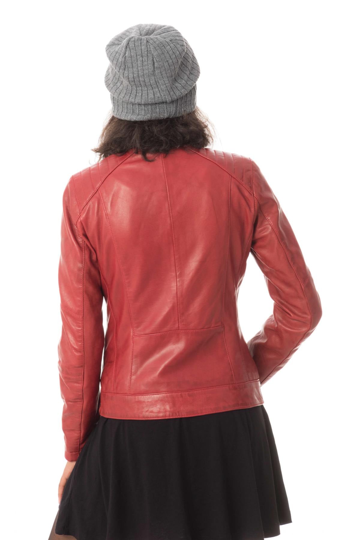 Women's red leather biker collar jacket - Image n°7