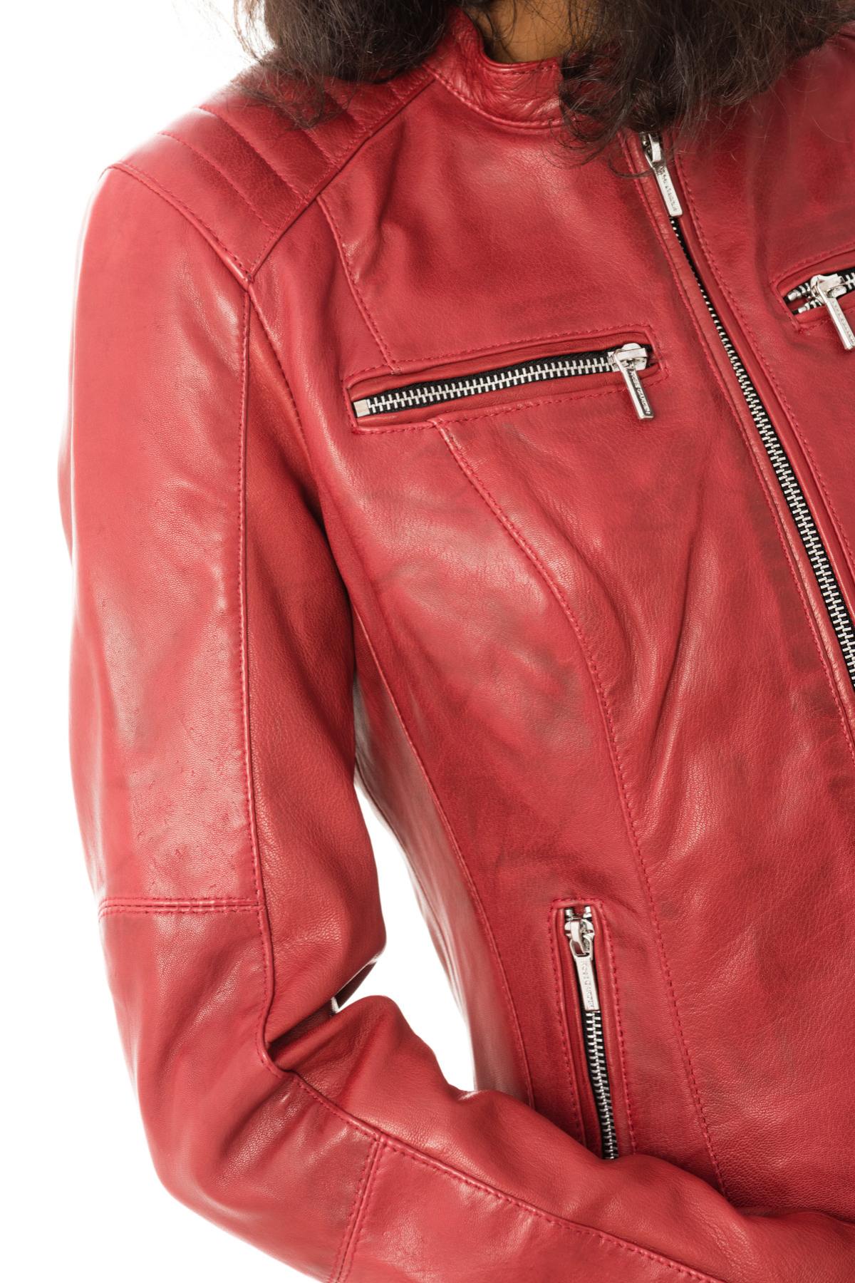 Women's red leather biker collar jacket - Image n°8