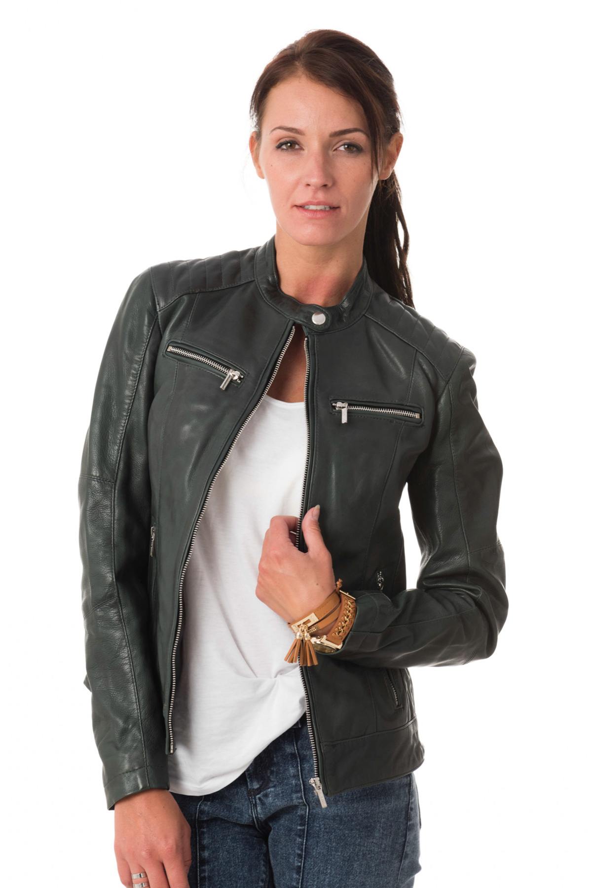 Dark green lambskin leather jacket - Image n°4