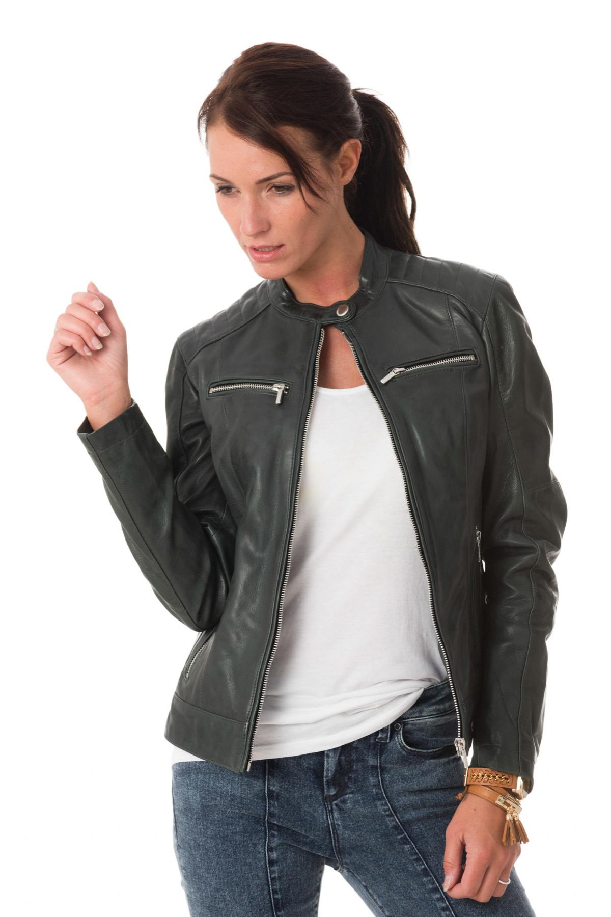 Dark green lambskin leather jacket - Image n°1