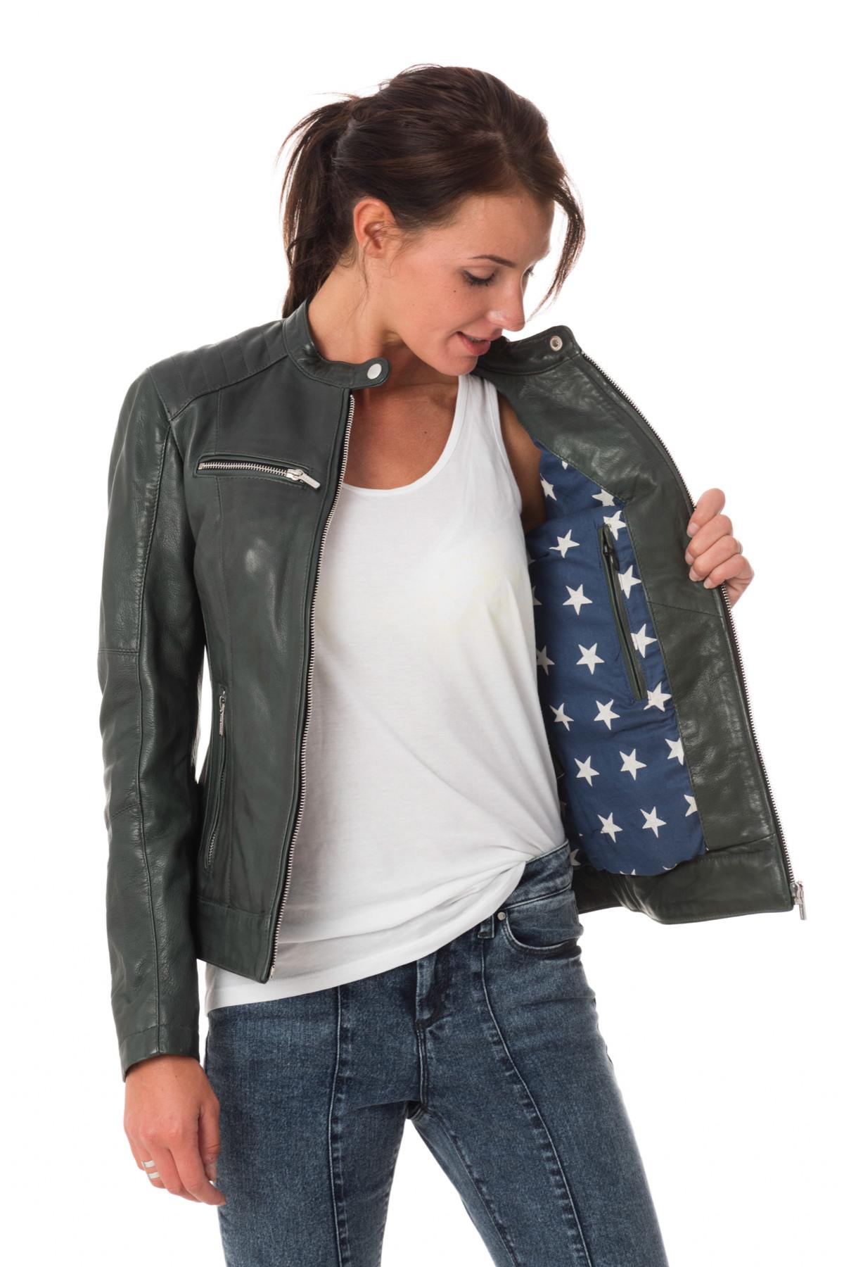 Dark green lambskin leather jacket - Image n°5