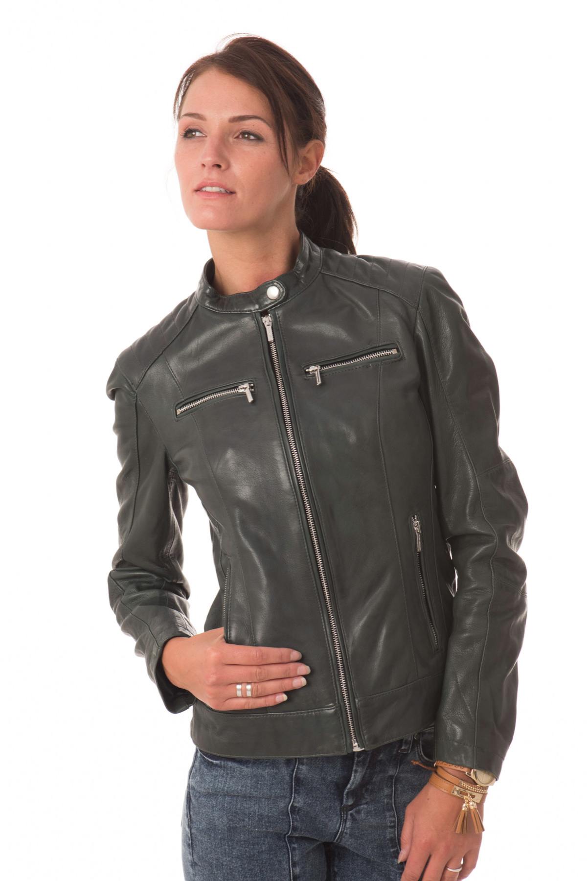 Dark green lambskin leather jacket - Image n°3